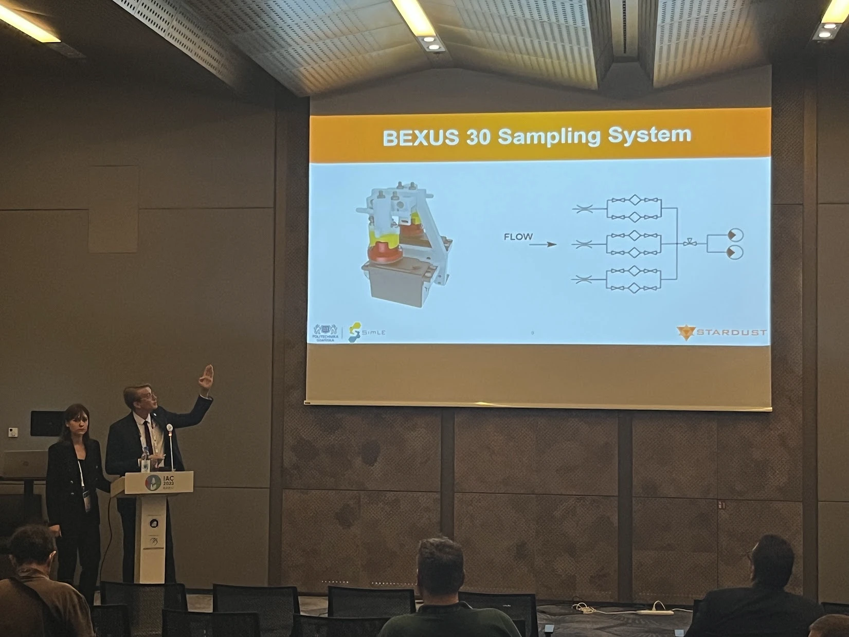 The Stardust presentation at IAC 2023, with the slide "BEXUS 30 Sampling System"